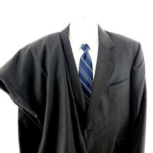 Jos A Bank Wool 2 Button 2 Piece Suit 46L Gray W/ Blue White Striped 43/32 Pleat